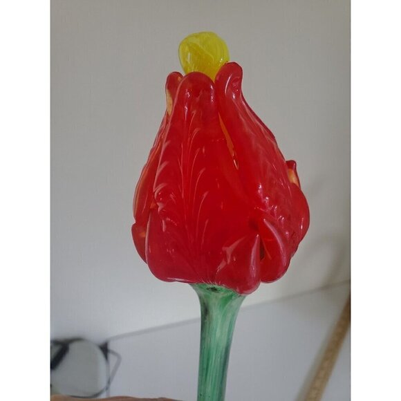 Hand Blown Art Glass Long Stem Tulip Flower 14.25 Inches Long Red Unsigned EUC - Picture 2 of 7